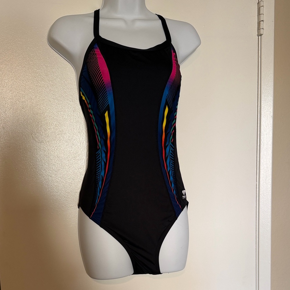 TYR Black One Piece with Multicolor Side Stripes